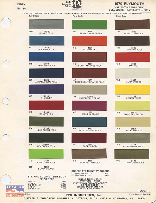 1971 Cuda Color Chart