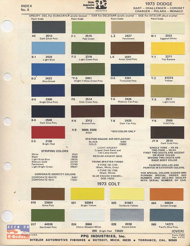 70-74 Dodge Paint Color Chip Charts Challenger – E-Bodies